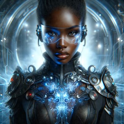 The primary subject of the image is a woman with a futuristic appearance. She is wearing a black outfit and has a blue glow around her. The setting is a futuristic environment, possibly a space station or a high-tech facility. The visual style is digital art, as the woman is depicted with a blue glow and futuristic elements. The colors and mood of the image are predominantly blue and futuristic, creating a sense of technology and innovation.